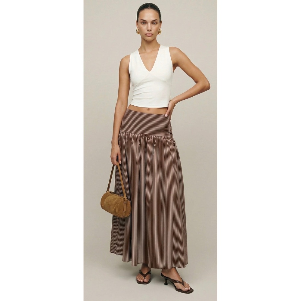 Few Moda CAARA Brown White Striped Drop Waist Midi Skirt C25WSKA0503SC Size 8